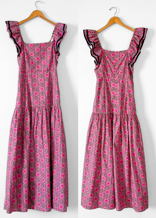 Rhode Pink Geometric Floral Wedding Guest Cotton Summer Maxi Dress
