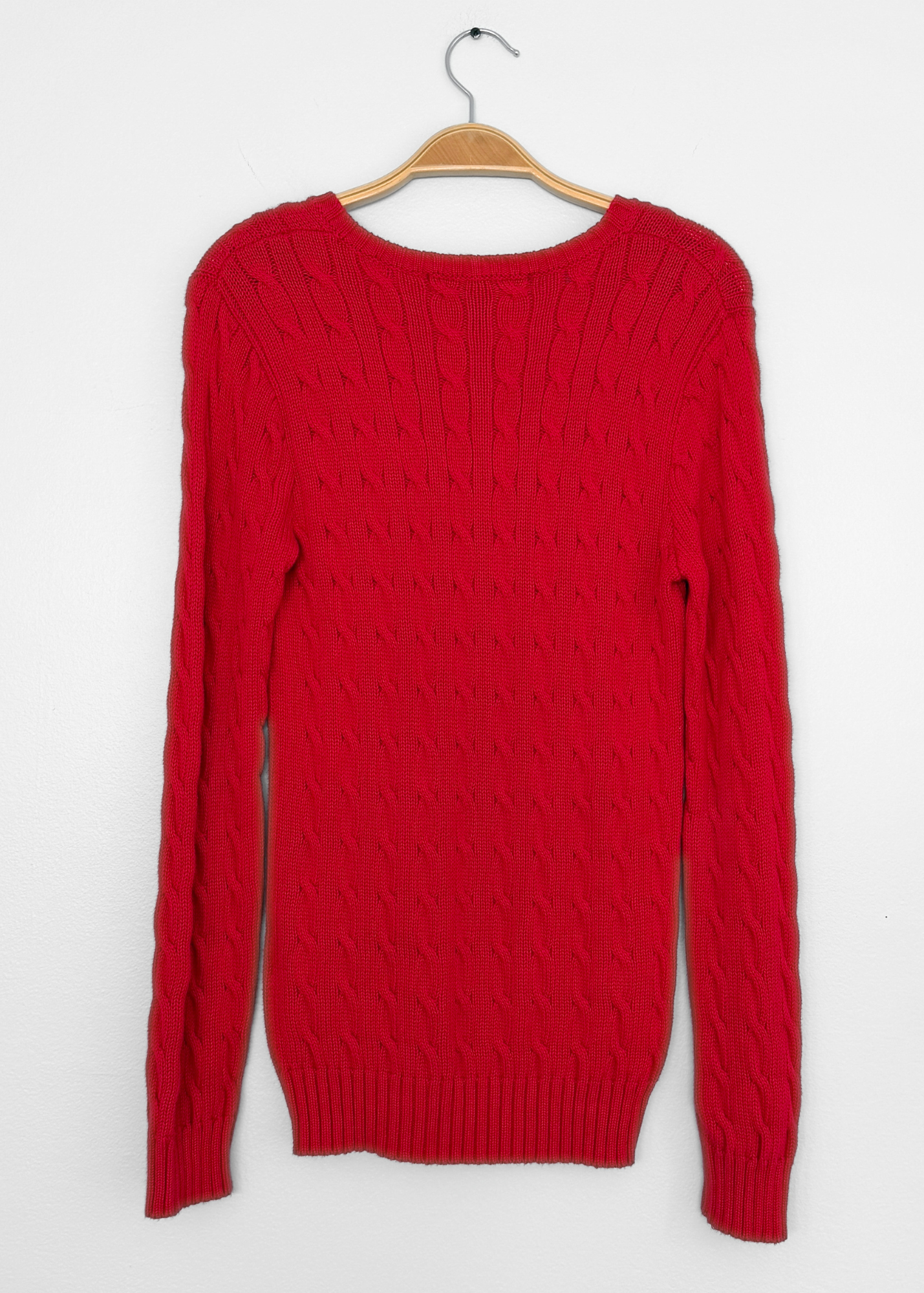 Vintage 00s Ralph Lauren Sport Red Cotton Cable Knit V-Neck Sweater (M)