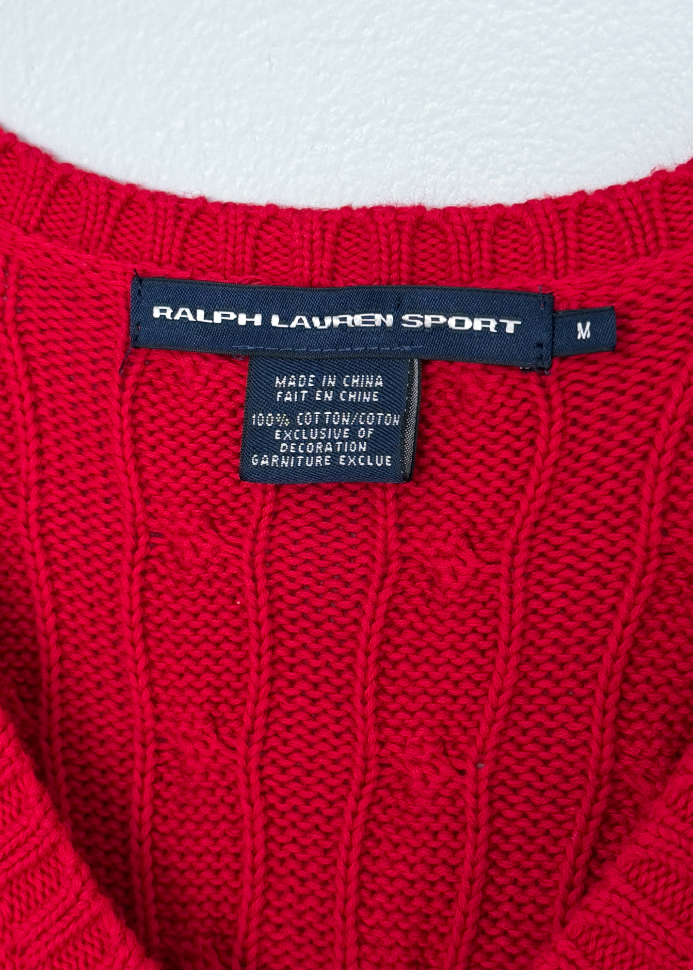 Vintage 00s Ralph Lauren Sport Red Cotton Cable Knit V-Neck Sweater (M)