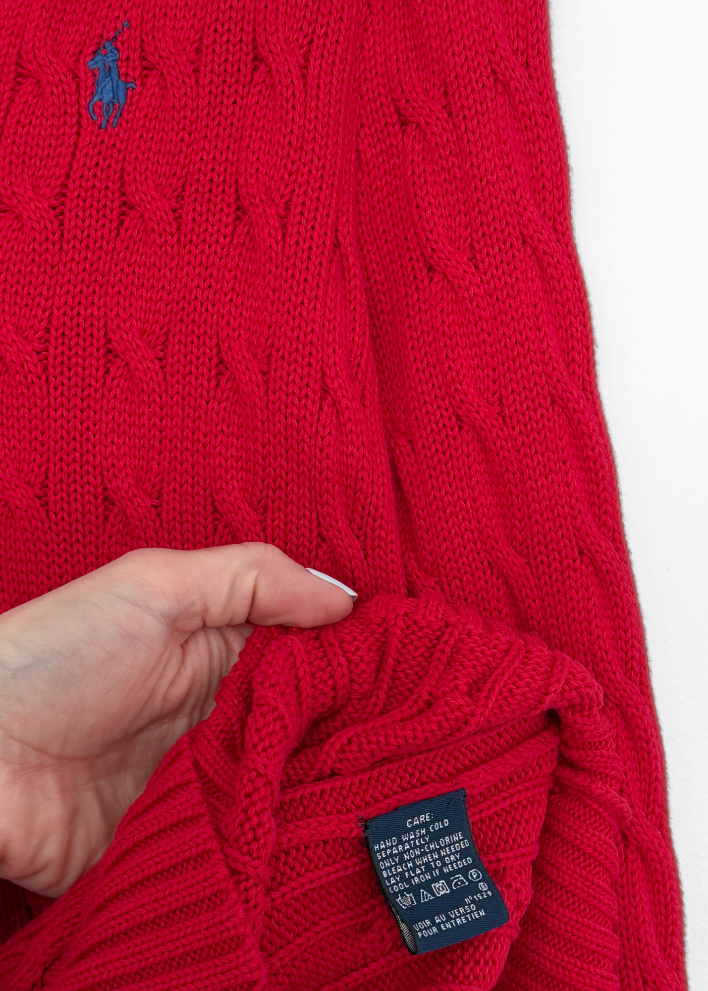 Vintage 00s Ralph Lauren Sport Red Cotton Cable Knit V-Neck Sweater (M)