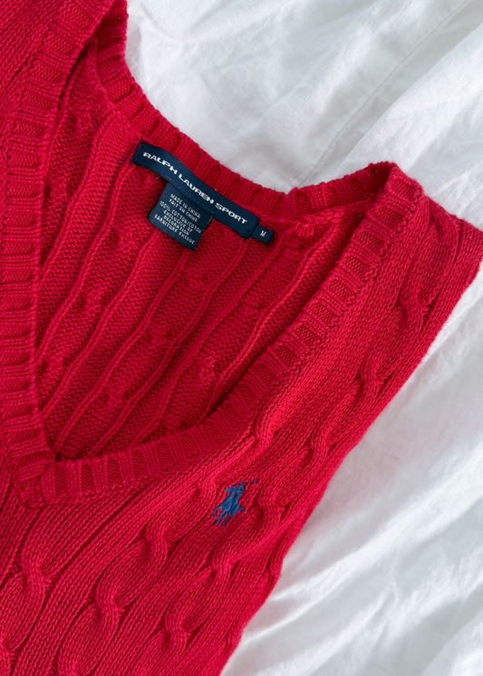 Vintage 00s Ralph Lauren Sport Red Cotton Cable Knit V-Neck Sweater (M)