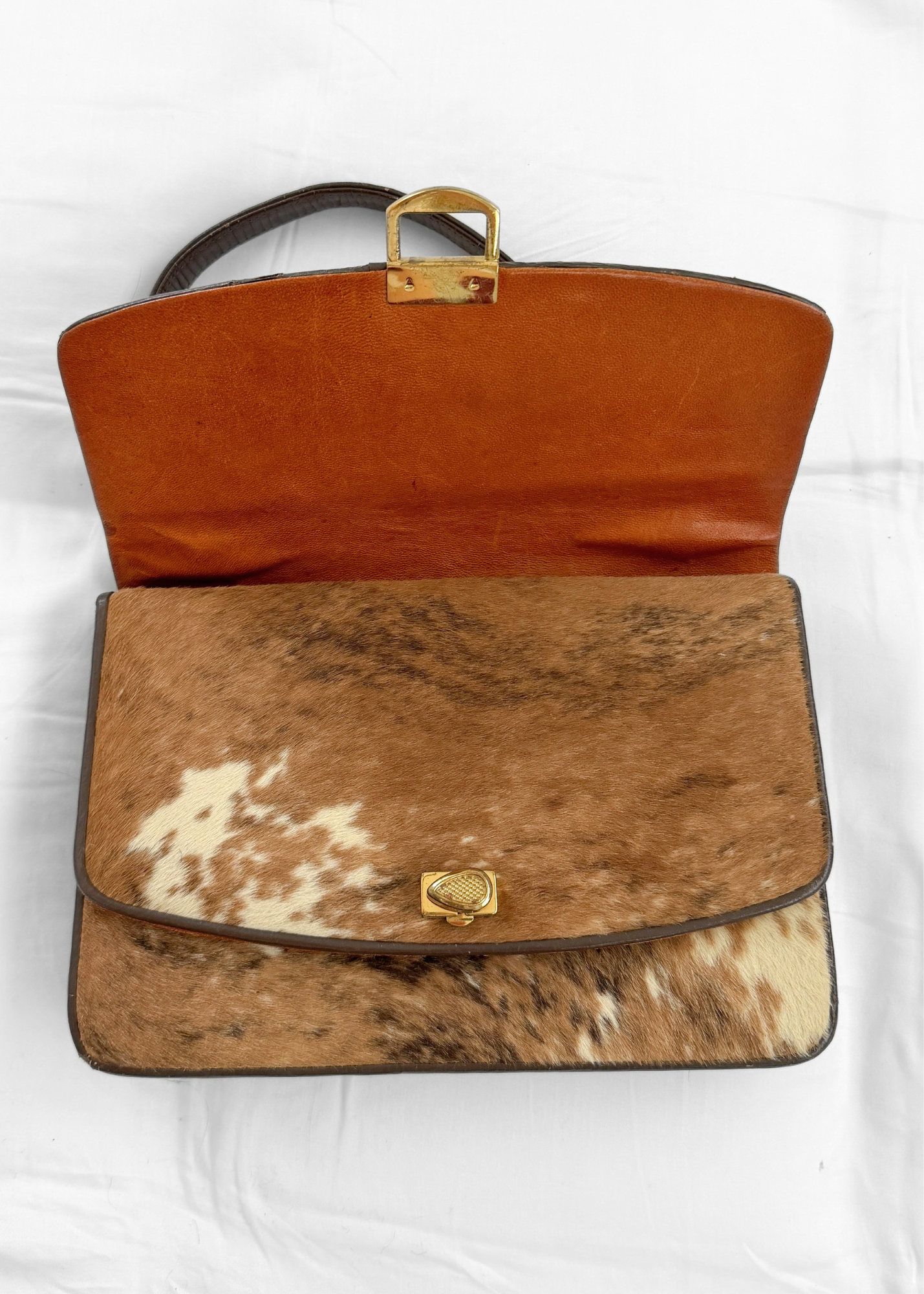 Vintage Calf Pony Hair Top Handle Brown Leather Handbag | Mid-Century Made in Mexico Purse