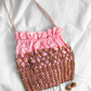Vintage 20s-40s Pink Satin Beaded Drawstring Evening Bag Wood Bead Fringe Purse