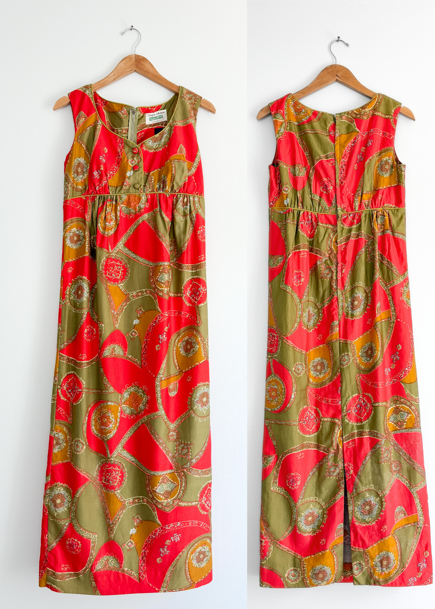 Vintage 60s 70s Malihini Designer Collection Hawaiian  Red Avocado Green Hostess Maxi Dress (M)