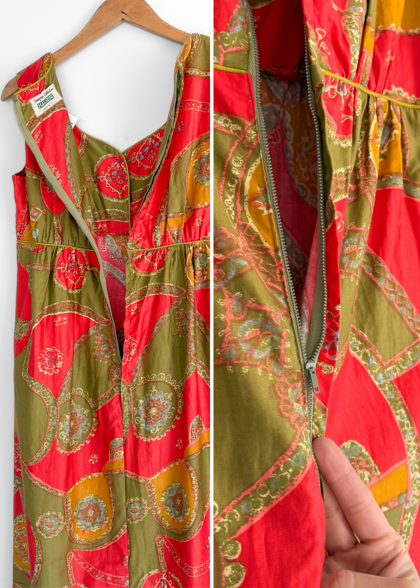 Vintage 60s 70s Malihini Designer Collection Hawaiian  Red Avocado Green Hostess Maxi Dress (M)