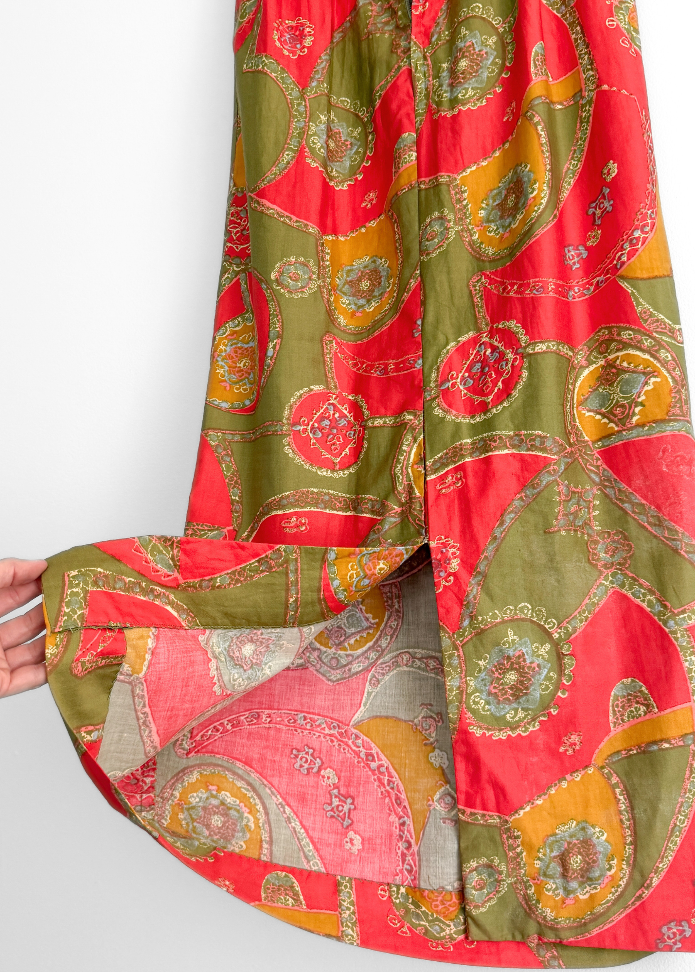 Vintage 60s 70s Malihini Designer Collection Hawaiian  Red Avocado Green Hostess Maxi Dress (M)