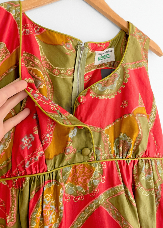 Vintage 60s 70s Malihini Designer Collection Hawaiian  Red Avocado Green Hostess Maxi Dress (M)
