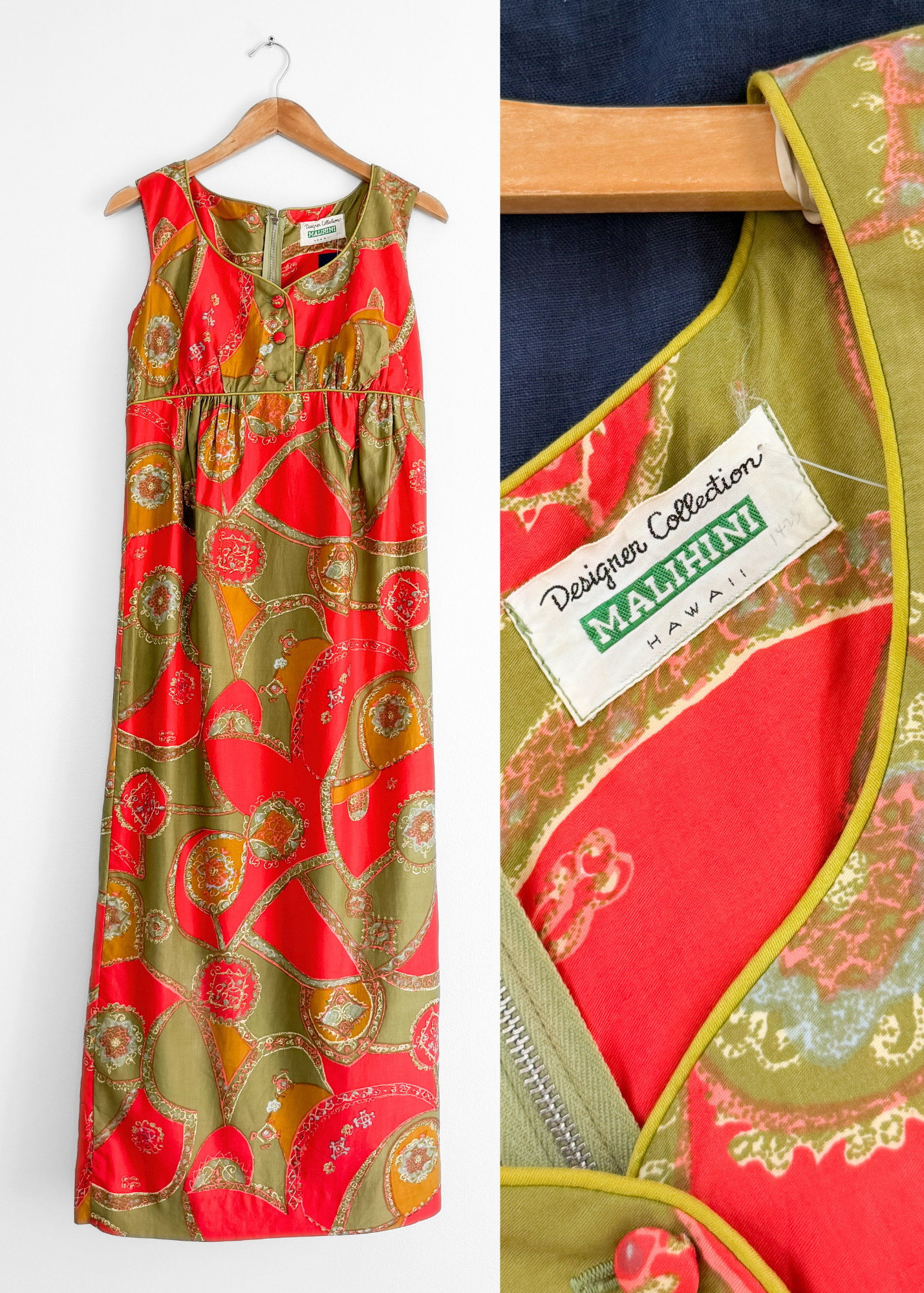 Vintage 60s 70s Malihini Designer Collection Hawaiian  Red Avocado Green Hostess Maxi Dress (M)