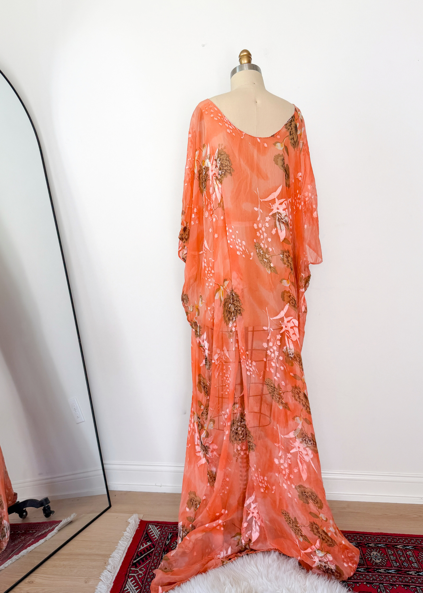 Vintage Hand Made Peach Coral Silk Kaftan Maxi Ethereal Boho Dress