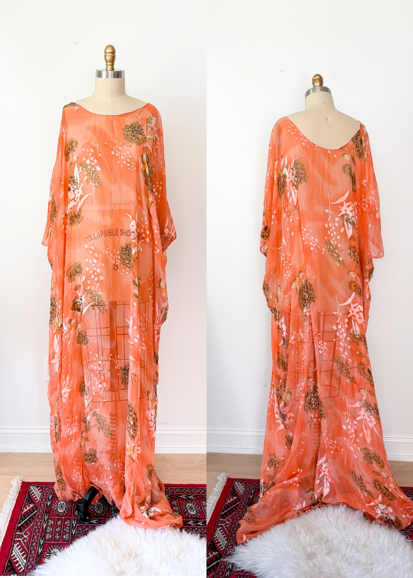 Vintage Hand Made Peach Coral Silk Kaftan Maxi Ethereal Boho Dress
