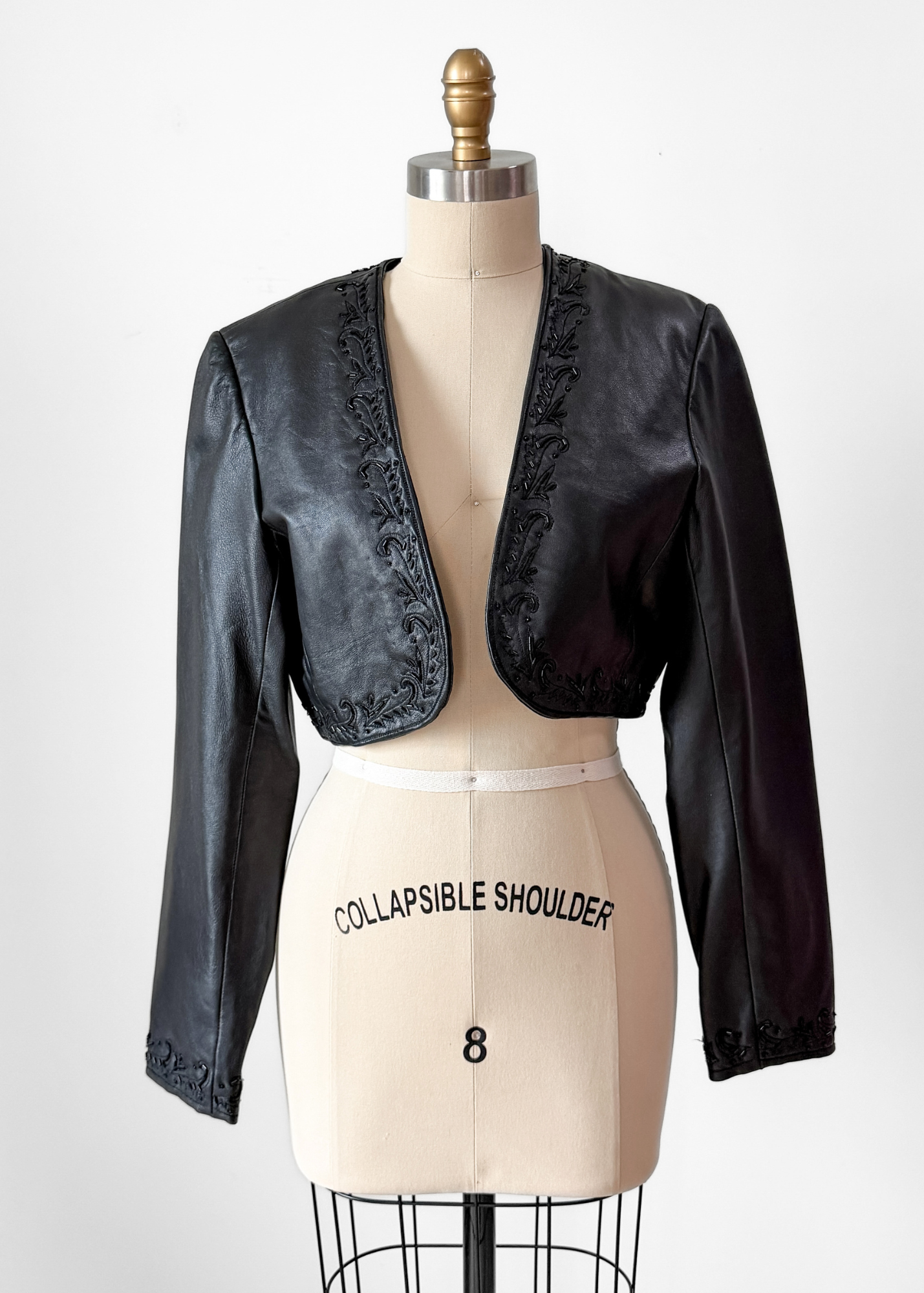 Vintage Bagatelle Leather Cropped Beaded Embroidered Bolero Jacket (L)