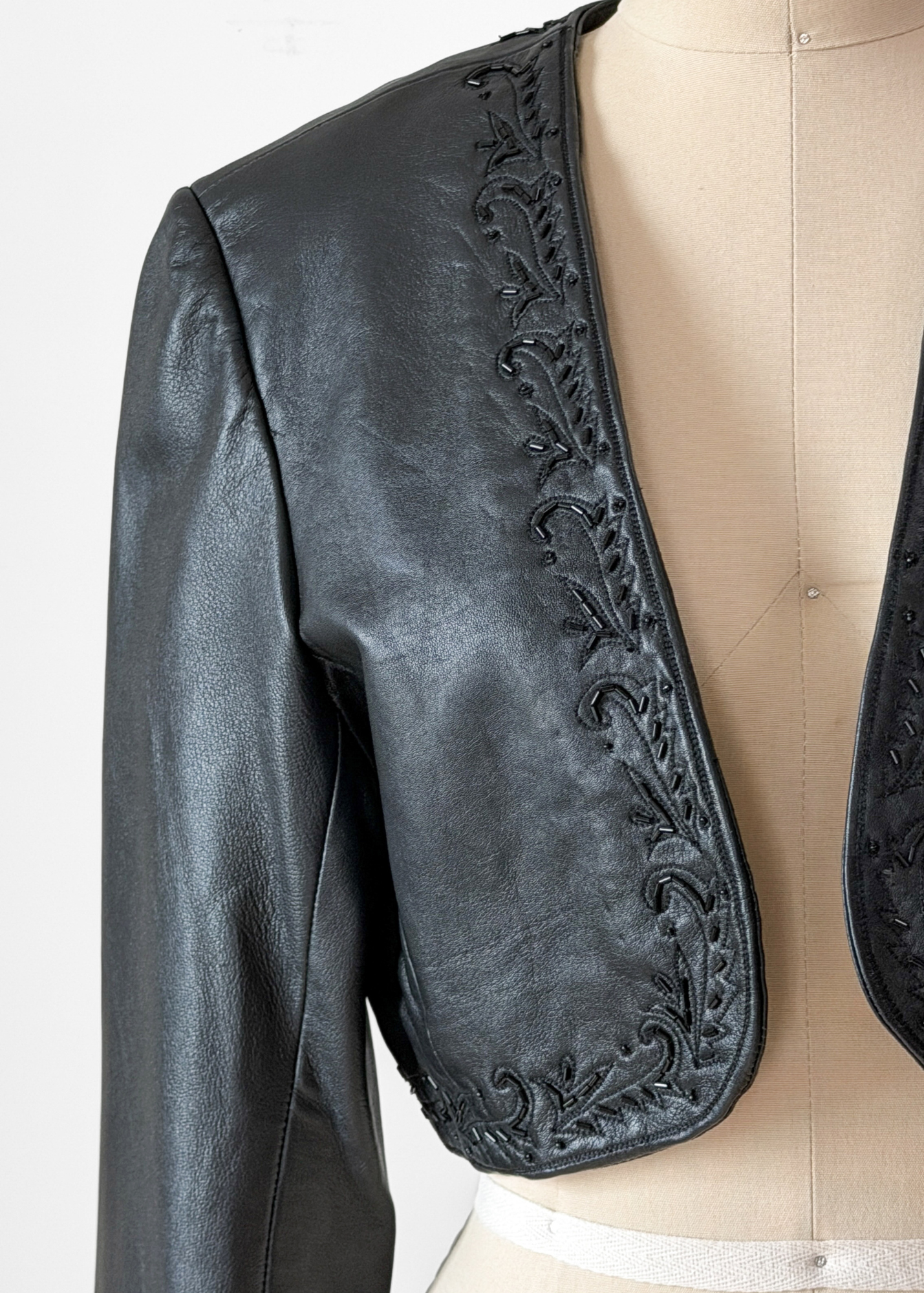 Vintage Bagatelle Leather Cropped Beaded Embroidered Bolero Jacket (L)