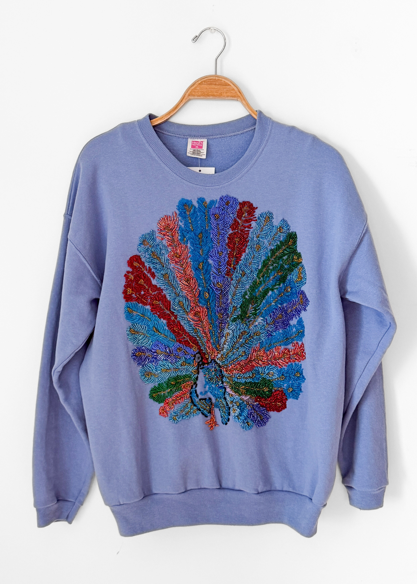 Vintage One-of-a-Kind Peacock Bead Embroidered Hanes Pullover Fleece Sweatshirt (L)