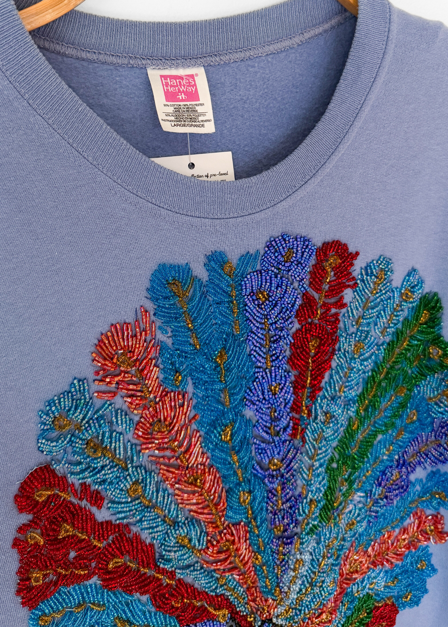 Vintage One-of-a-Kind Peacock Bead Embroidered Hanes Pullover Fleece Sweatshirt (L)