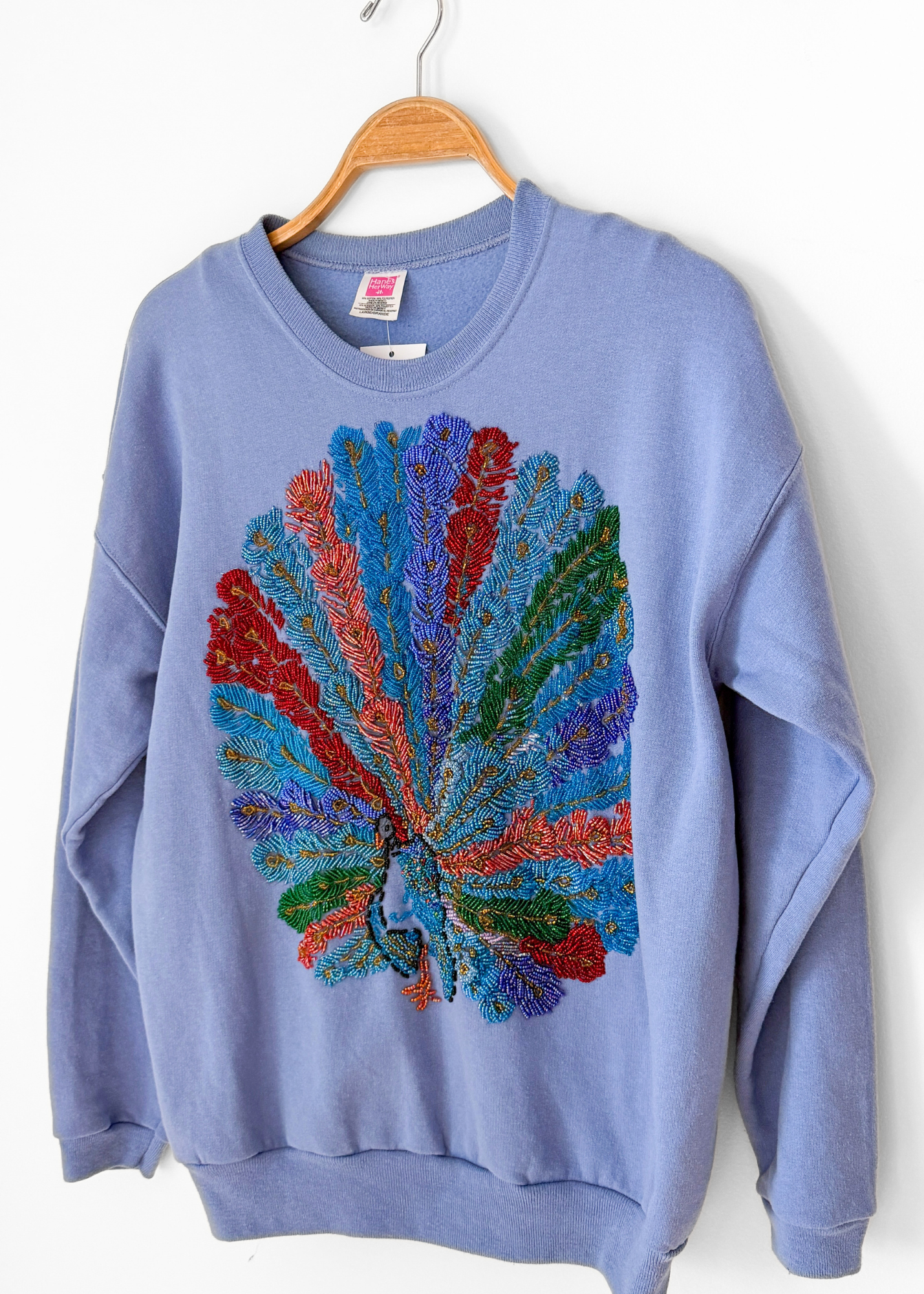 Vintage One-of-a-Kind Peacock Bead Embroidered Hanes Pullover Fleece Sweatshirt (L)