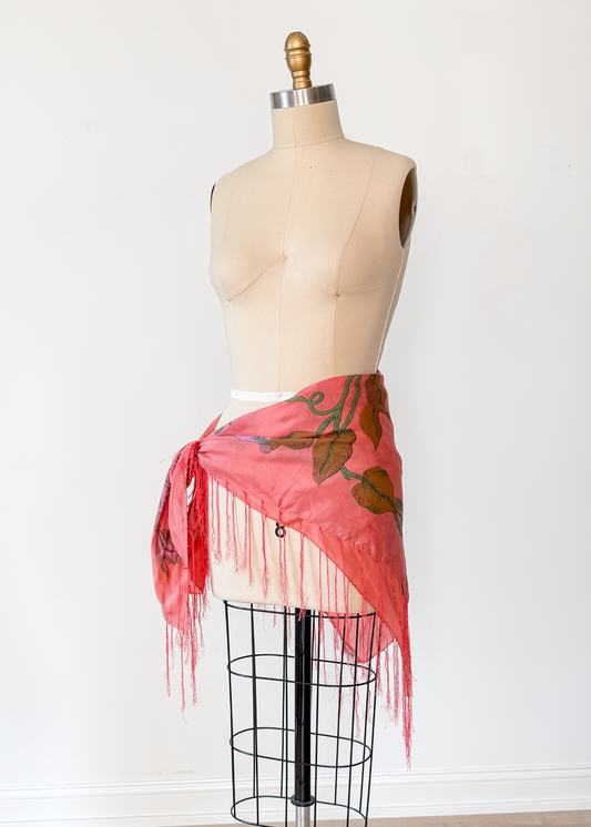 Vintage Bila Coral Botanical Print Fringe Large Scarf