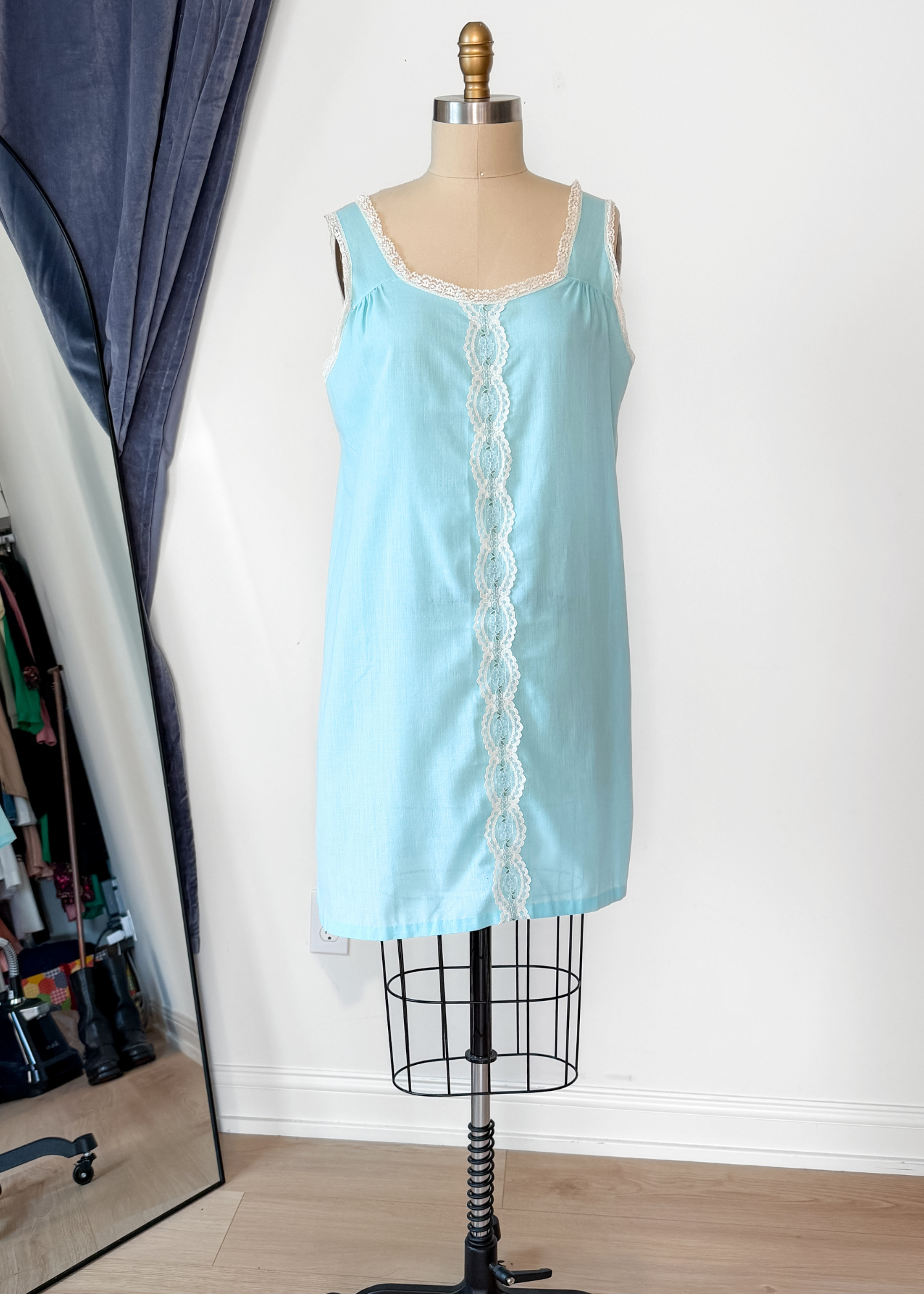 Vintage 60s Sears Light Blue Lace Trim Slip Nighty Dress (M)