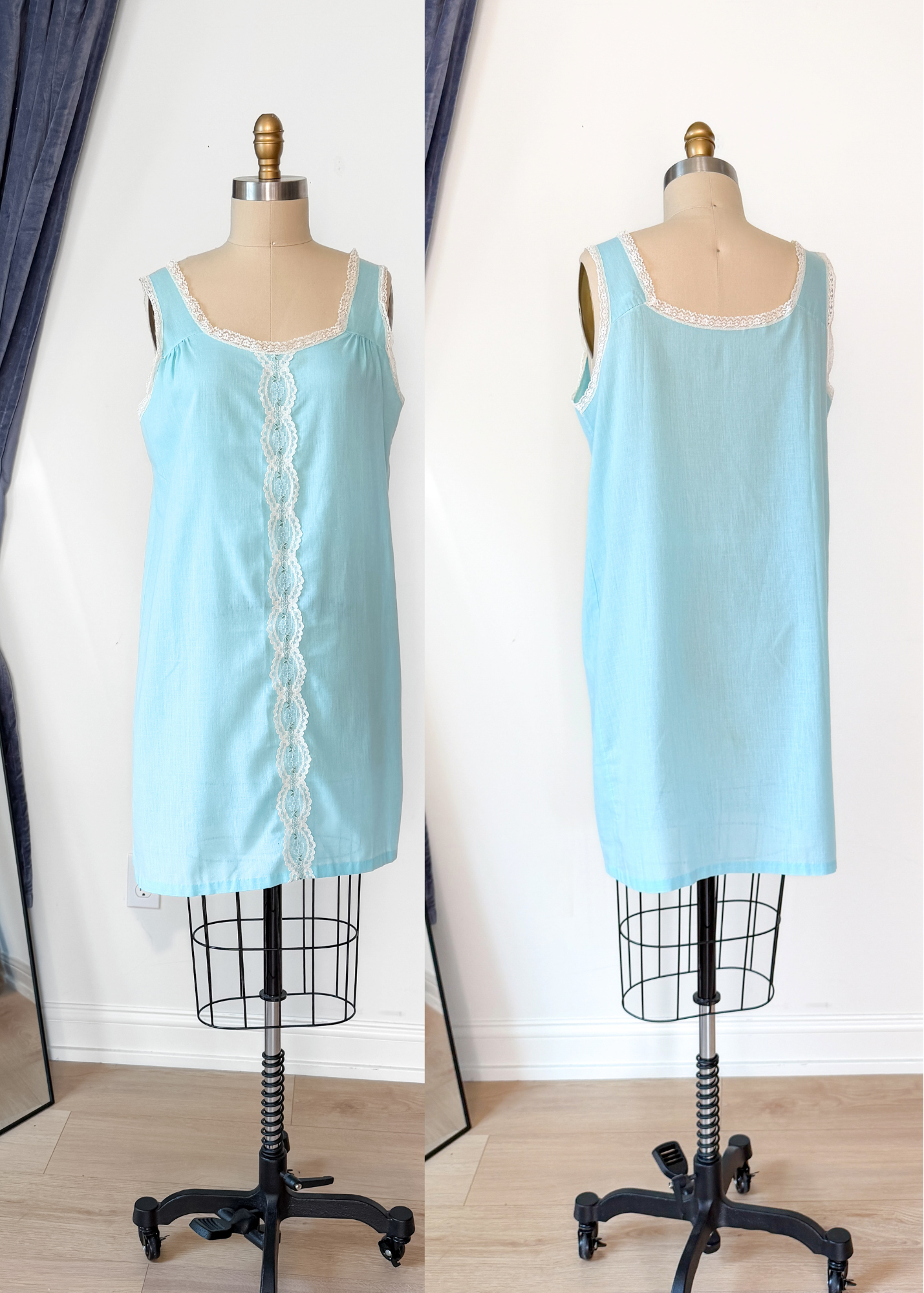 Vintage 60s Sears Light Blue Lace Trim Slip Nighty Dress (M)