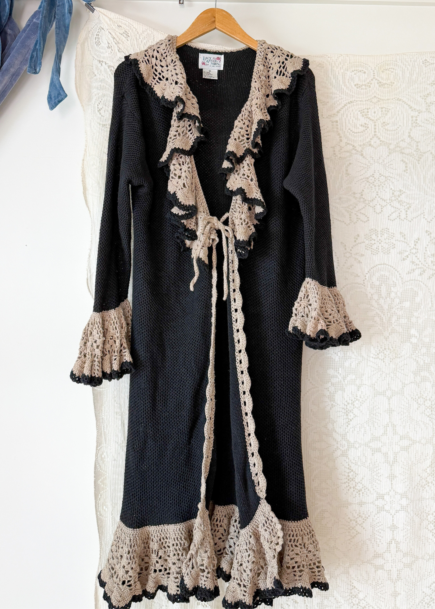 Vintage Lacy After Noon Black Tan Crochet Ruffle Duster Cardigan