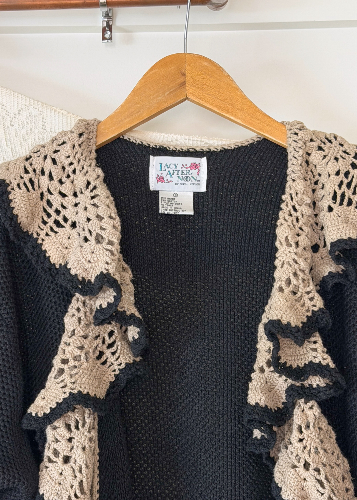 Vintage Lacy After Noon Black Tan Crochet Ruffle Duster Cardigan