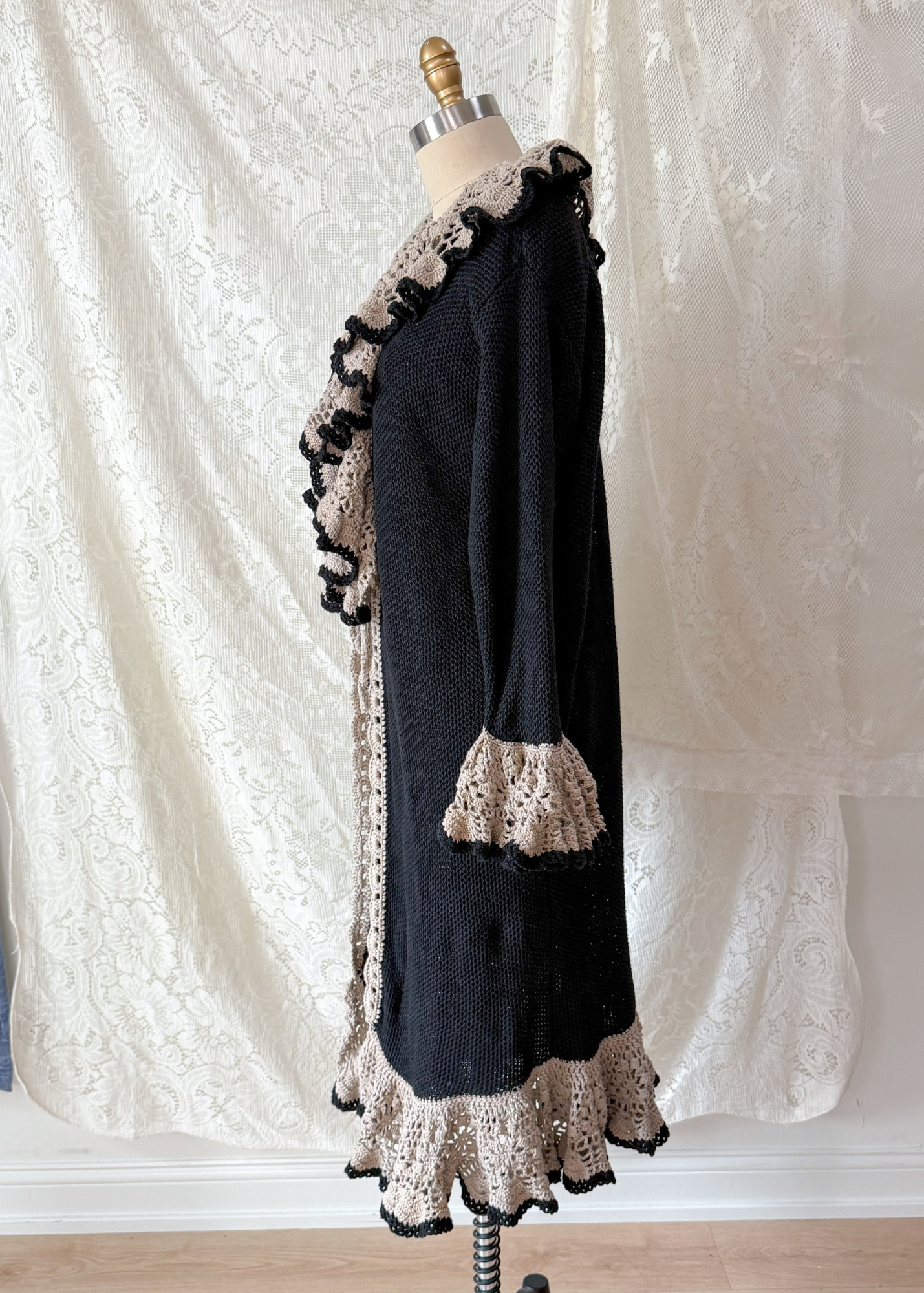 Vintage Lacy After Noon Black Tan Crochet Ruffle Duster Cardigan