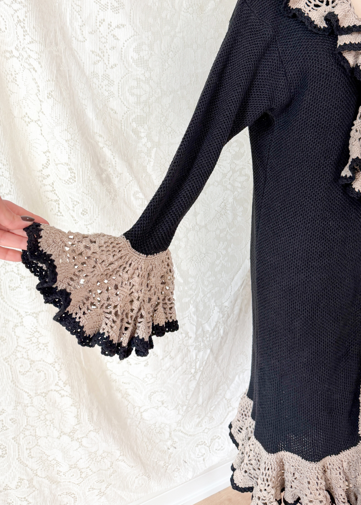 Vintage Lacy After Noon Black Tan Crochet Ruffle Duster Cardigan