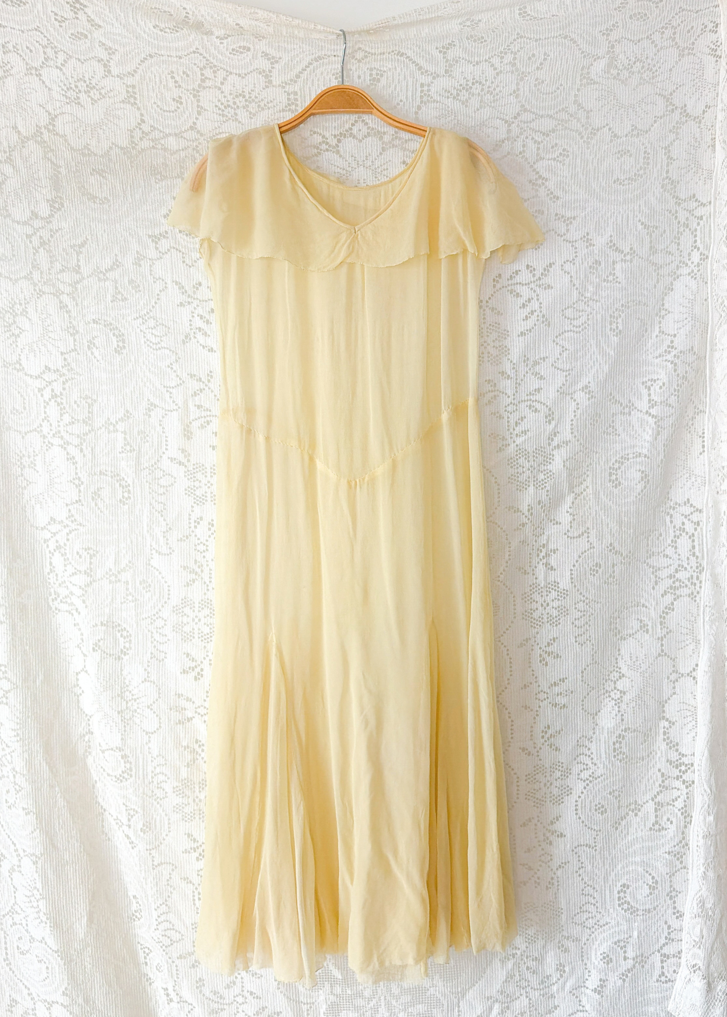 1930s Butter Yellow Silk Chiffon Bias Cut Dress