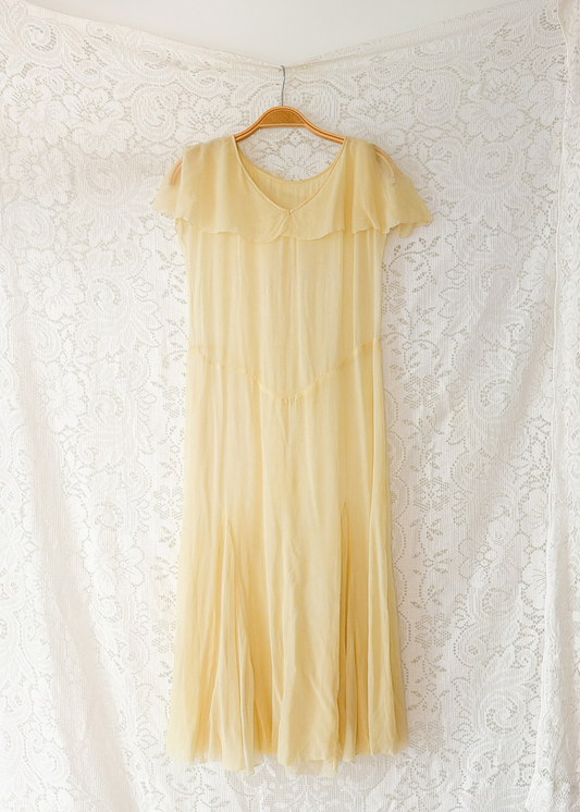 1930s Butter Yellow Silk Chiffon Bias Cut Dress