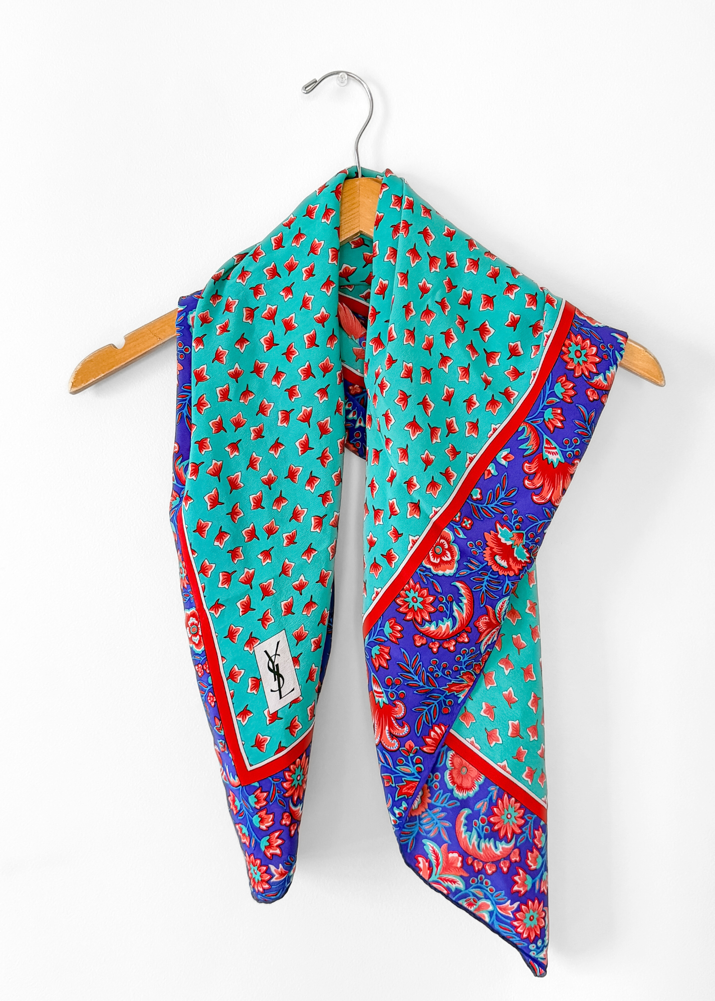 Vintage 80s Yves Saint Laurent Turquoise and Purple Floral Silk Square Scarf 32x32