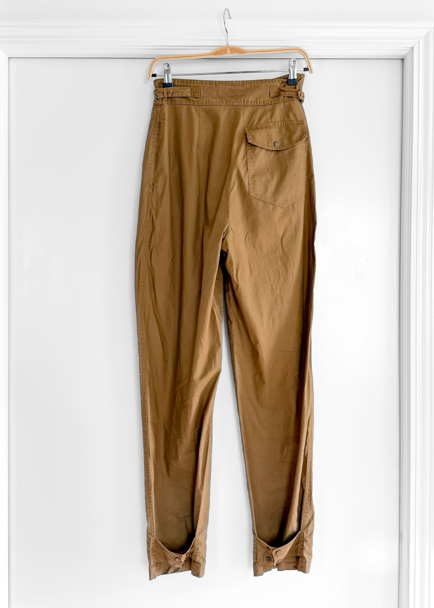Vintage 90s Liz Claiborne Khaki Brown Buckle Waist Tapered Snap Ankle Cotton Pants
