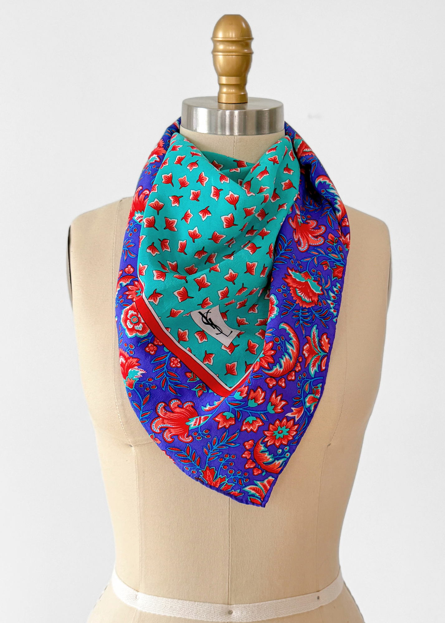 Vintage 80s Yves Saint Laurent Turquoise and Purple Floral Silk Square Scarf 32x32