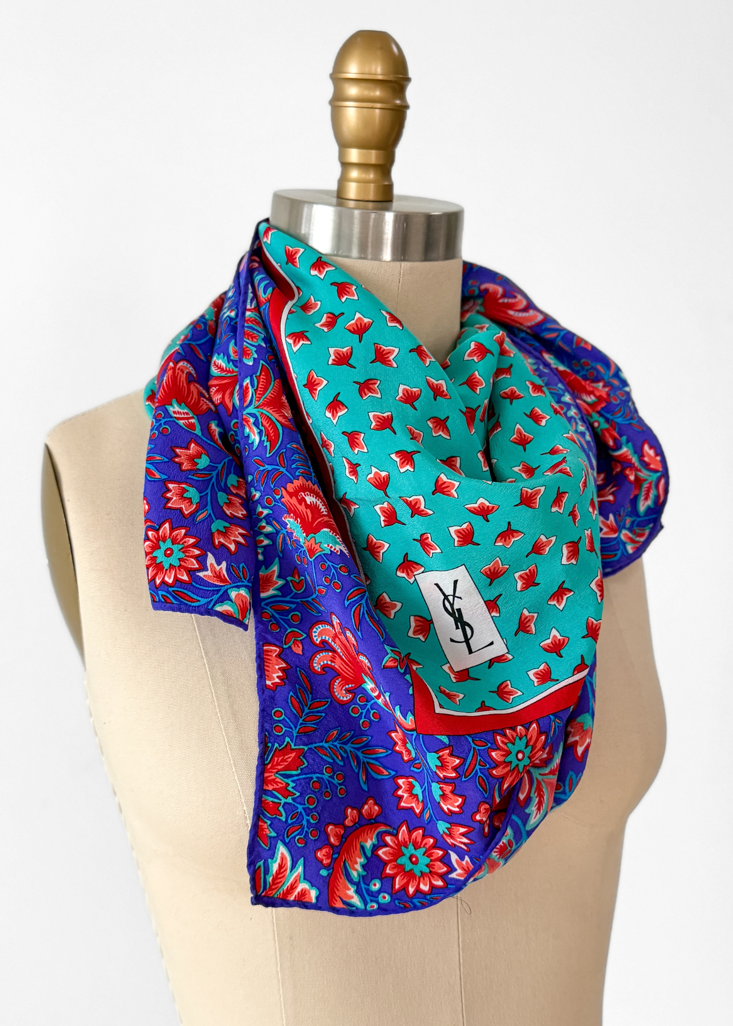 Vintage 80s Yves Saint Laurent Turquoise and Purple Floral Silk Square Scarf 32x32