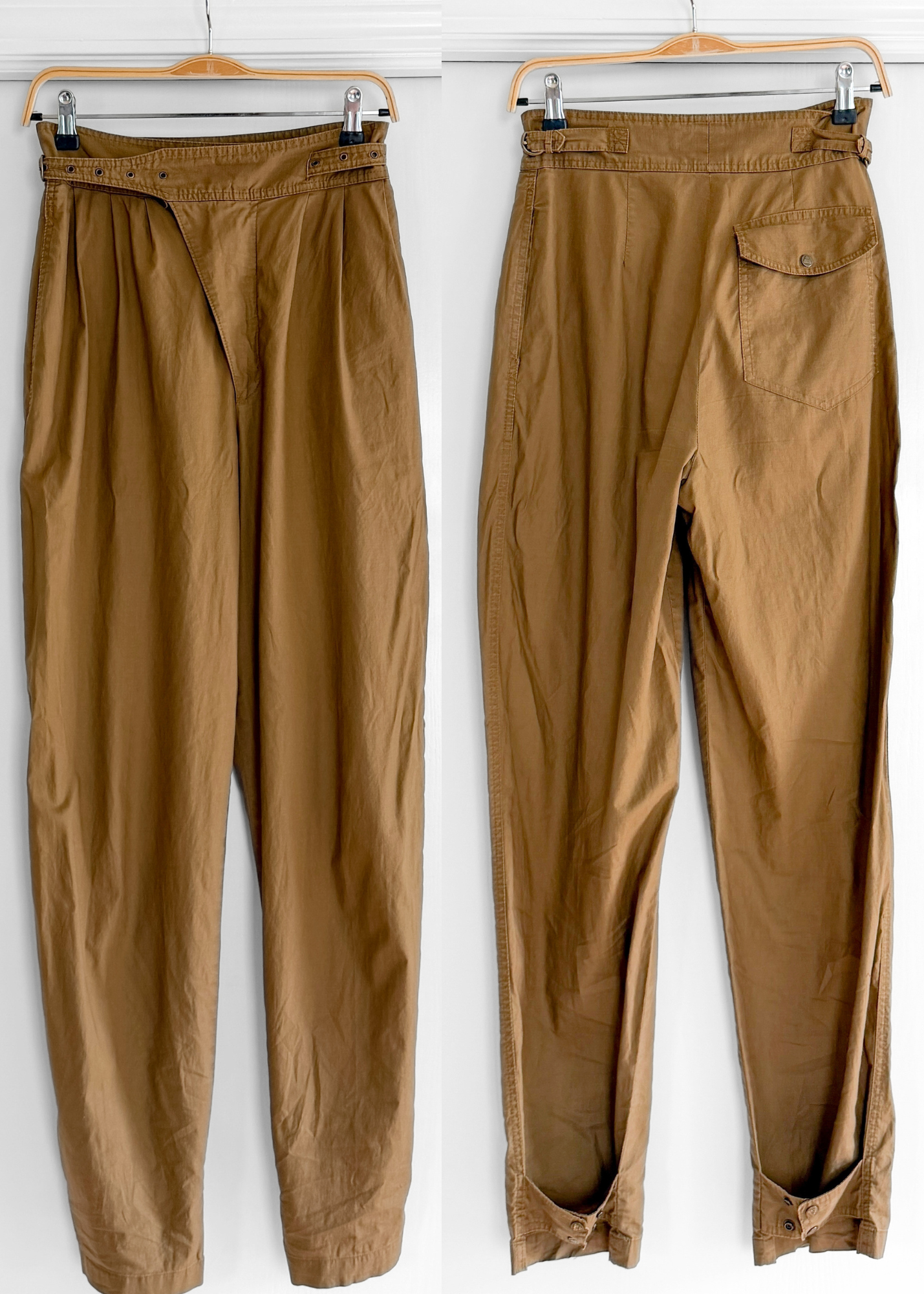 Vintage 90s Liz Claiborne Khaki Brown Buckle Waist Tapered Snap Ankle Cotton Pants