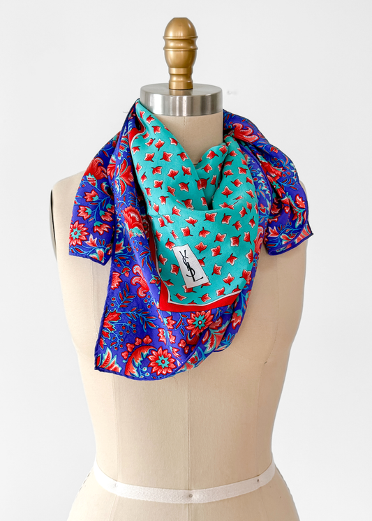 Vintage 80s Yves Saint Laurent Turquoise and Purple Floral Silk Square Scarf 32x32