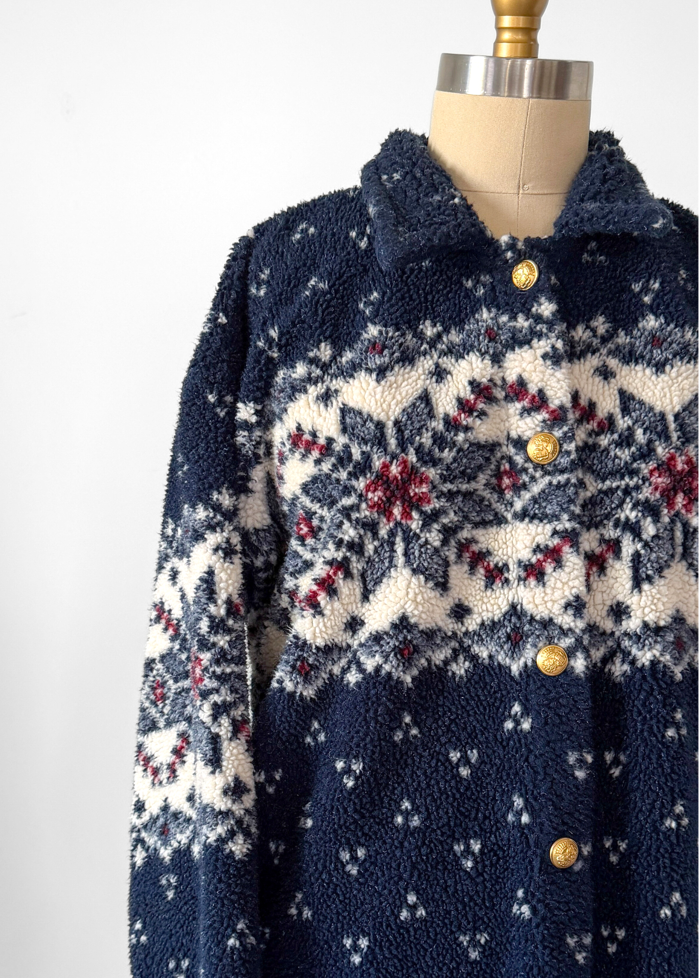 Vintage 90s Cena Navy Nordic Fuzzy Fleece Gold Button Cardigan Sweater (L)