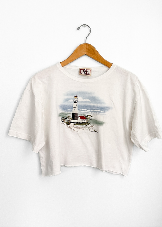 Vintage 90s Top Stitch Light House Embroidered Hand Cropped Tee (L/XL)