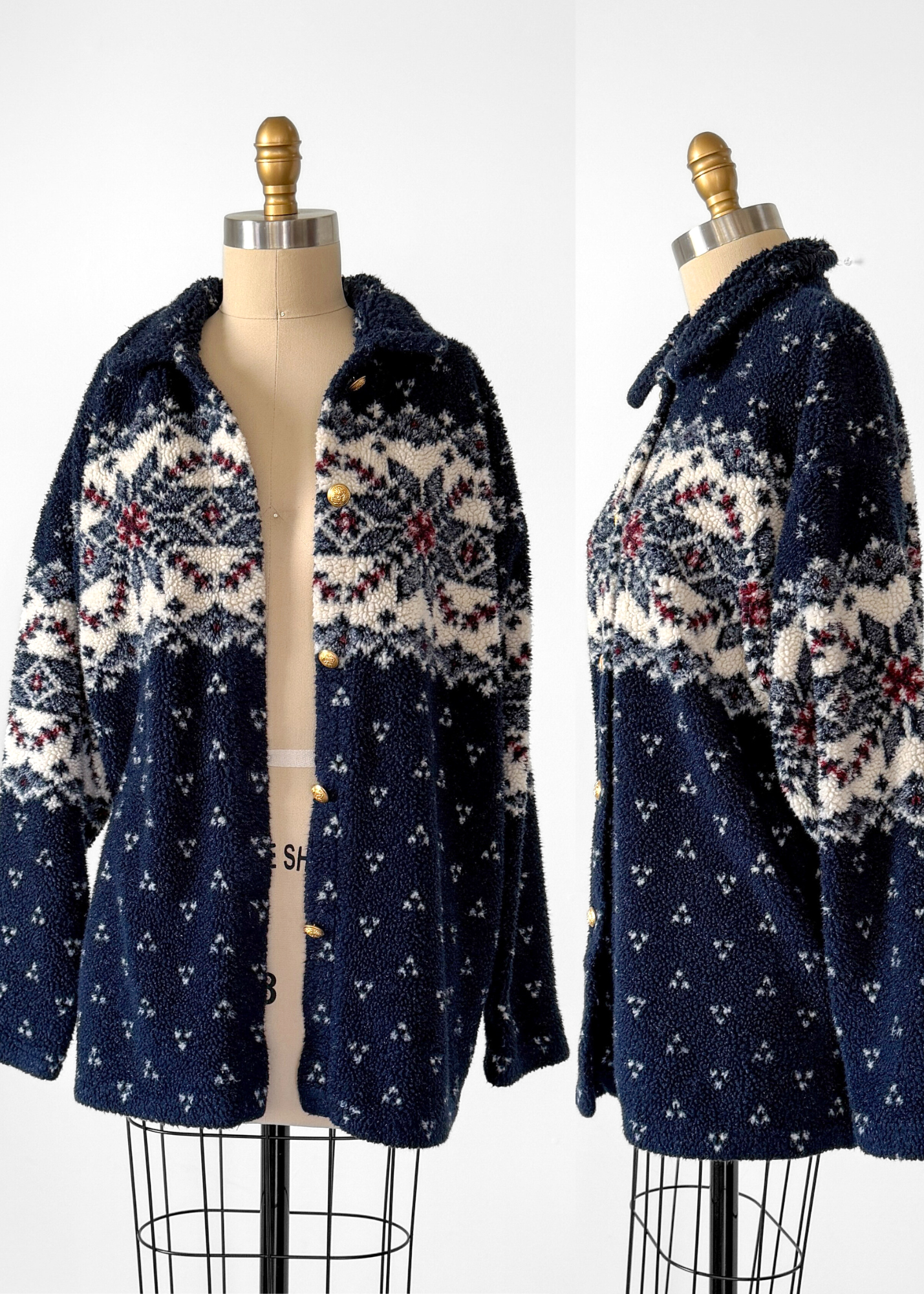 Vintage 90s Cena Navy Nordic Fuzzy Fleece Gold Button Cardigan Sweater (L)