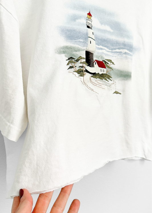 Vintage 90s Top Stitch Light House Embroidered Hand Cropped Tee (L/XL)