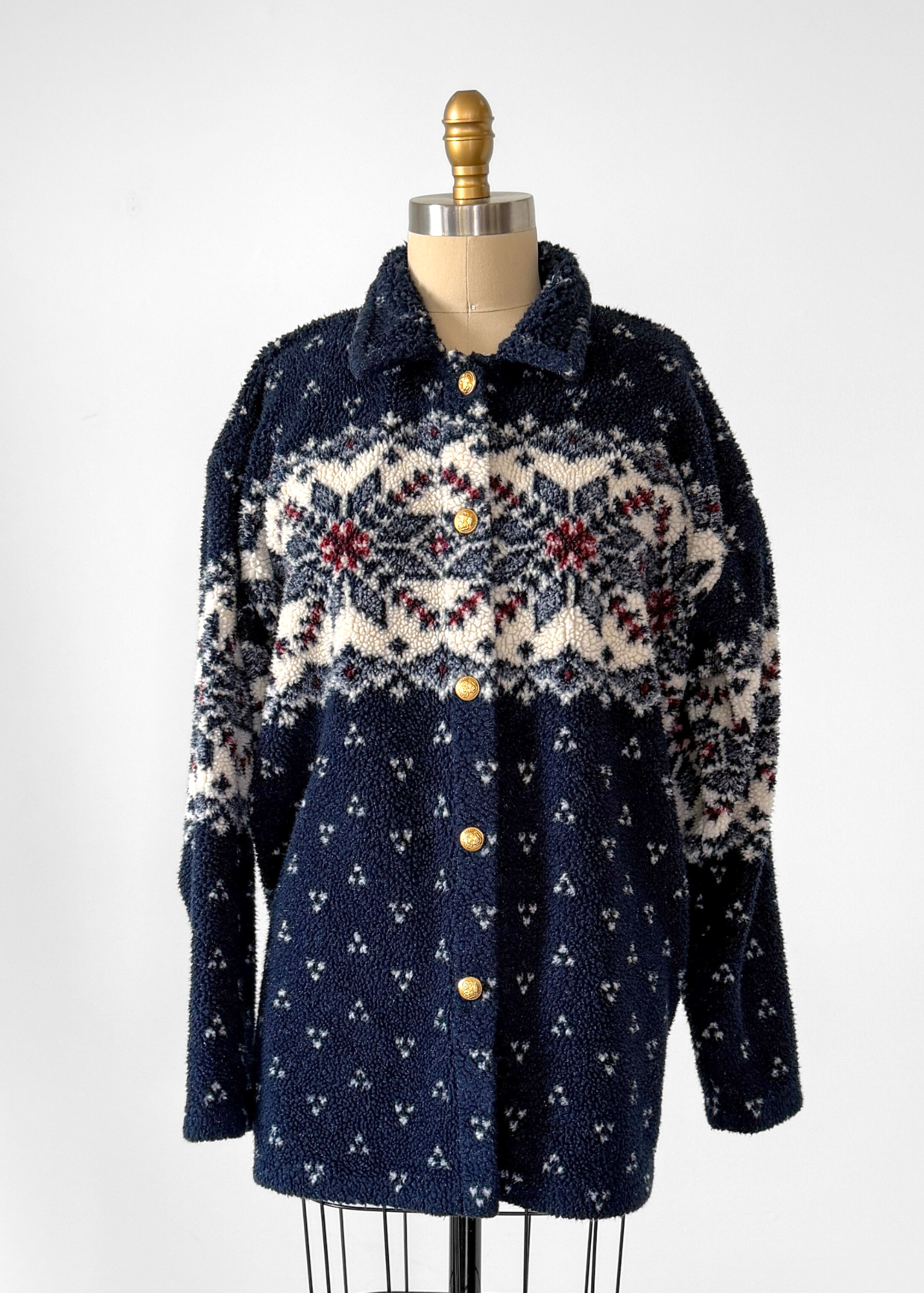 Vintage 90s Cena Navy Nordic Fuzzy Fleece Gold Button Cardigan Sweater (L)