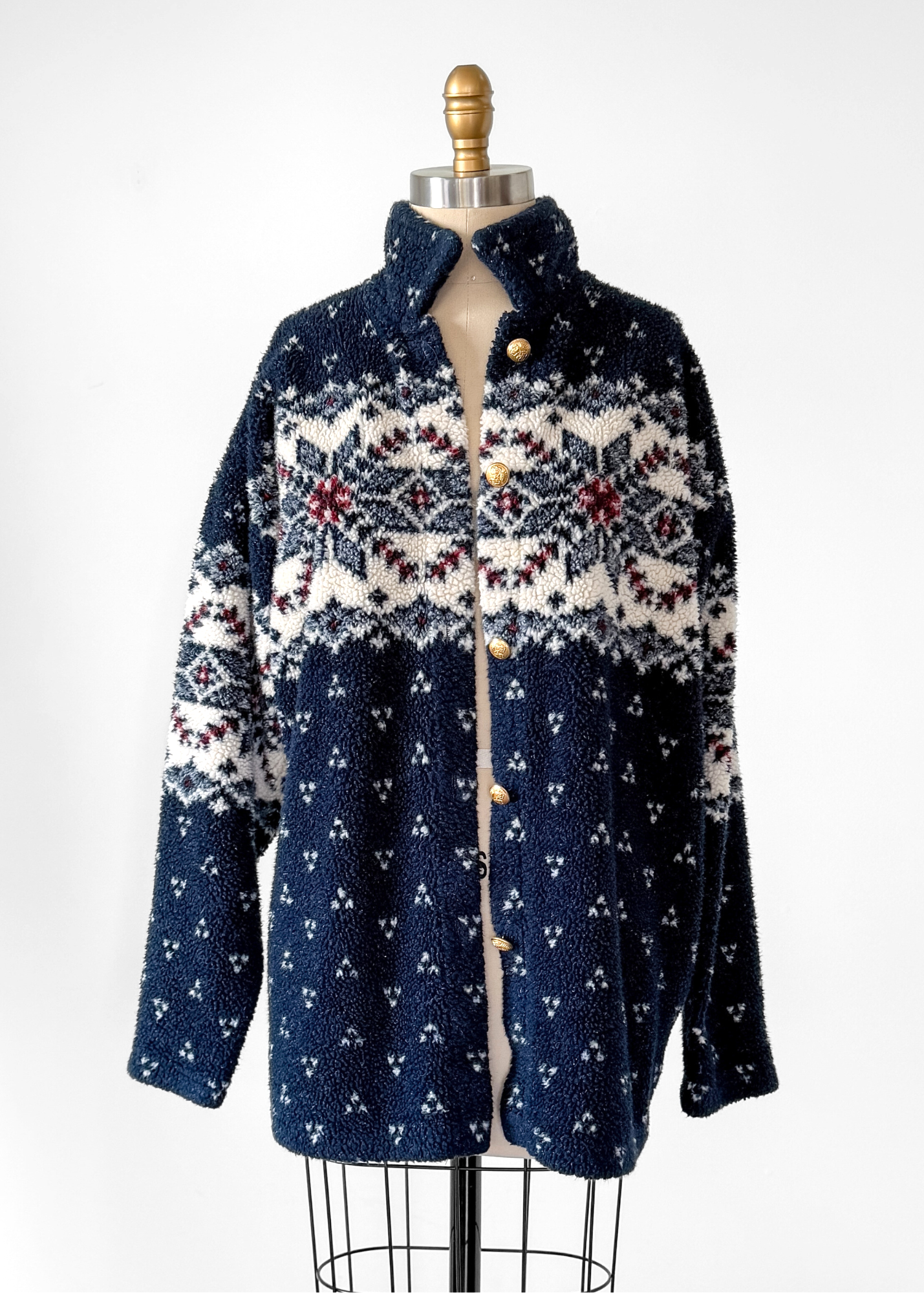 Vintage 90s Cena Navy Nordic Fuzzy Fleece Gold Button Cardigan Sweater (L)