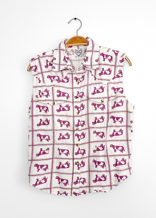 Terra Purple and White Western Cow Print Button Down Top (M)