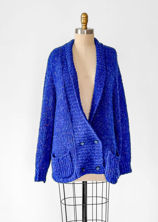 Vintage 90s Karen Scott Cobalt Blue Speckled Knit Cardigan (M)