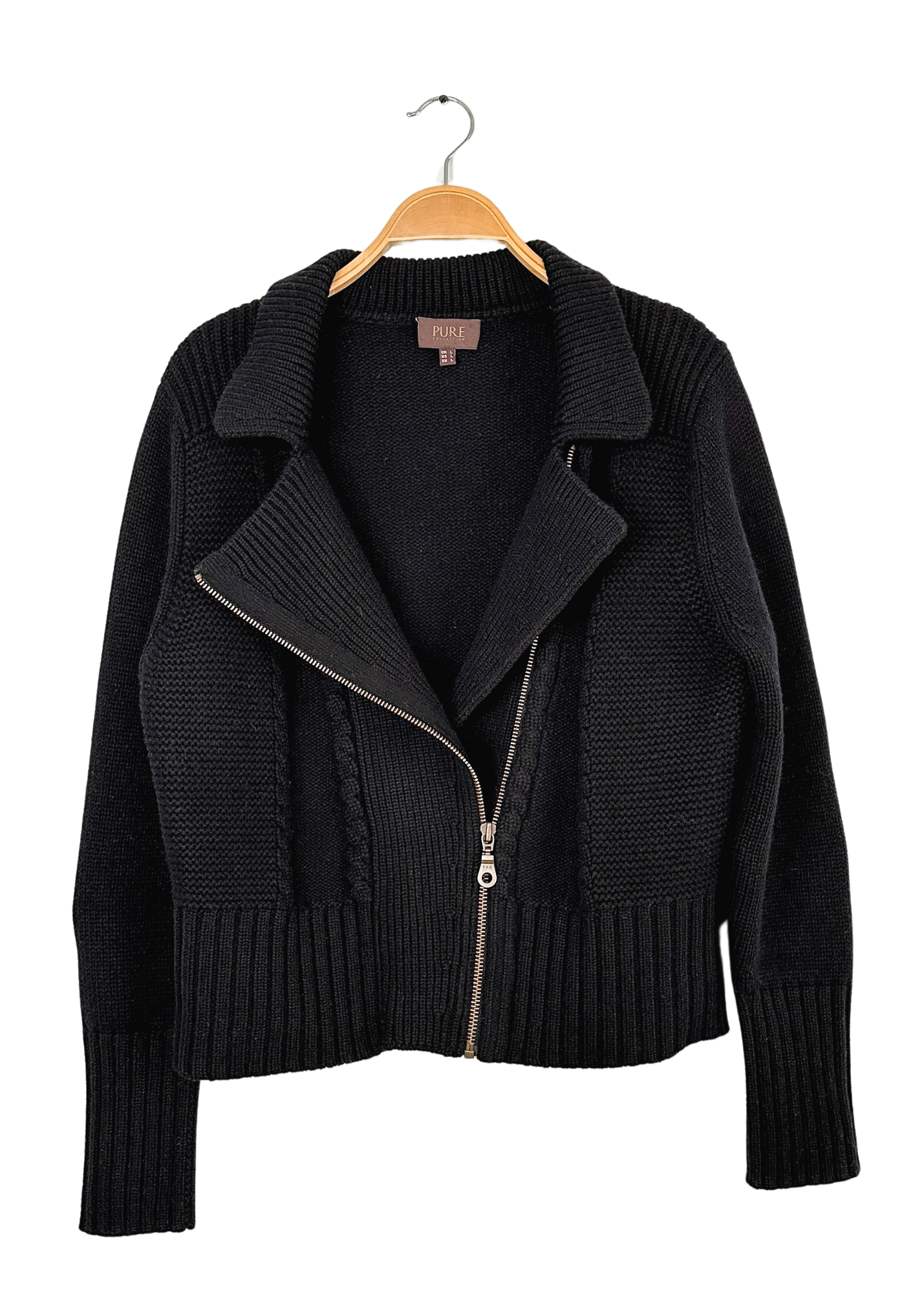 Pure Collection Black Cashmere & Lambswool Knit Zipped Cardigan Jacket (L)