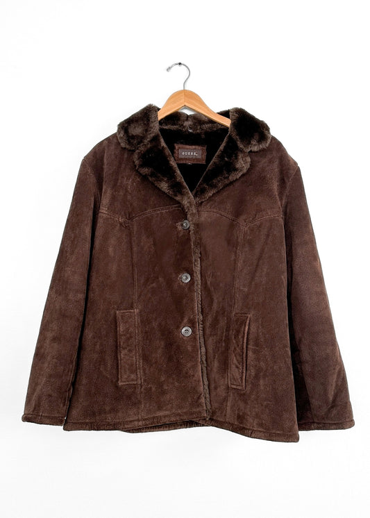 Vintage Guess Chocolate Brown Suede Leather Faux Fur Winter Coat (L)