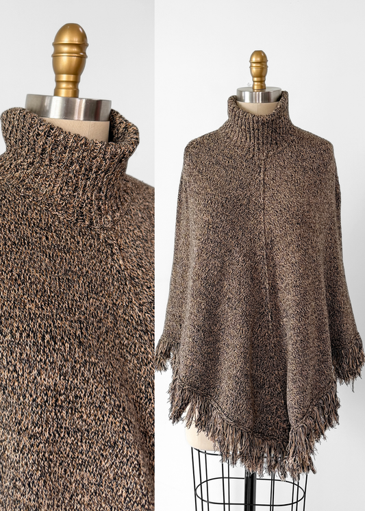 Pria Brown & Black Marled 100% Cotton Fringe Knit Poncho