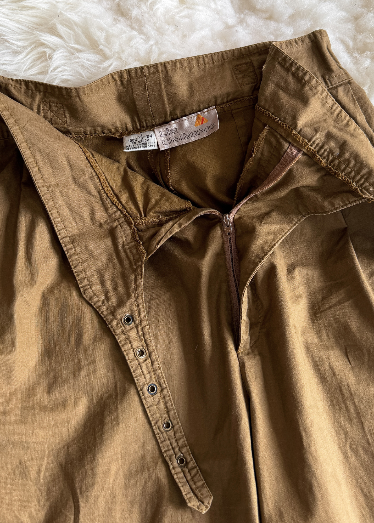 Vintage 90s Liz Claiborne Khaki Brown Buckle Waist Tapered Snap Ankle Cotton Pants