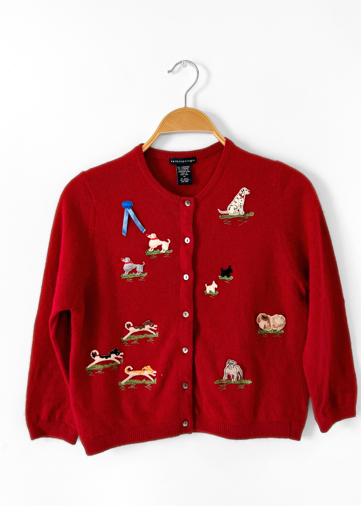 Rare Vintage 2000 Anthropologie Dark Red Lambswool Cashmere Dog Show Cardigan