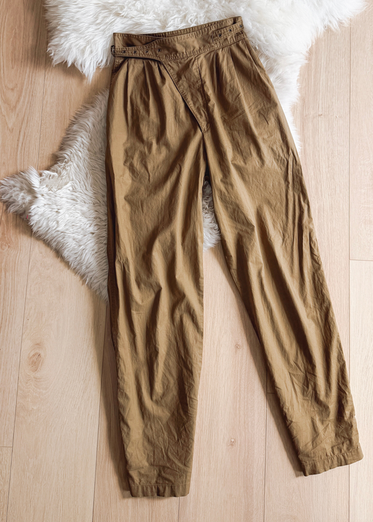 Vintage 90s Liz Claiborne Khaki Brown Buckle Waist Tapered Snap Ankle Cotton Pants