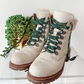 Frye Samantha Hiker Combat in Ivory Leather Shearling and Green Laces Winter Boots (7.5)
