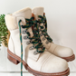 Frye Samantha Hiker Combat in Ivory Leather Shearling and Green Laces Winter Boots (7.5)